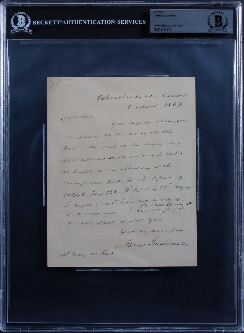 James Buchanan Signed 1867 Handwritten Letter Beckett Authenticated (1 of 2)