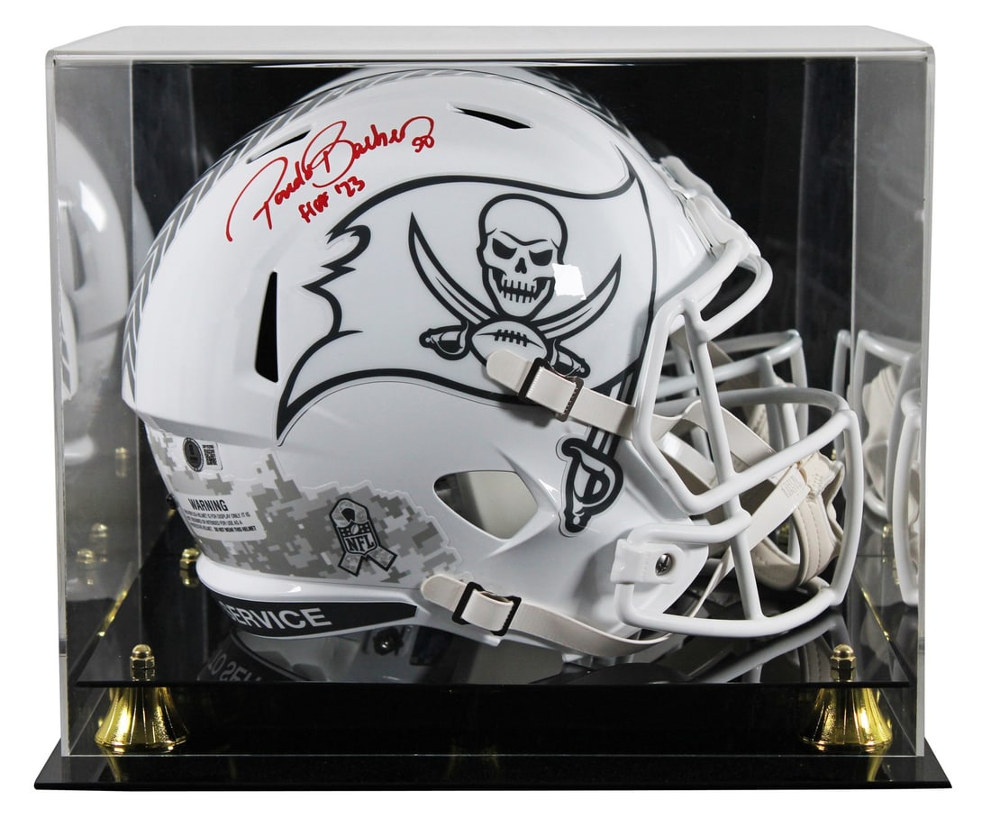 Ronde Barber Signed HOF 23 Tampa Bay Buccaneers Helmet with Beckett Authentication: Ronde Barber Signed HOF 23 Tampa Bay Buccaneers Helmet with Beckett Authentication Celebrate the legacy of Ronde Barber with this autographed Tampa Bay Buccaneers Full Size Speed Replica Helmet, featu