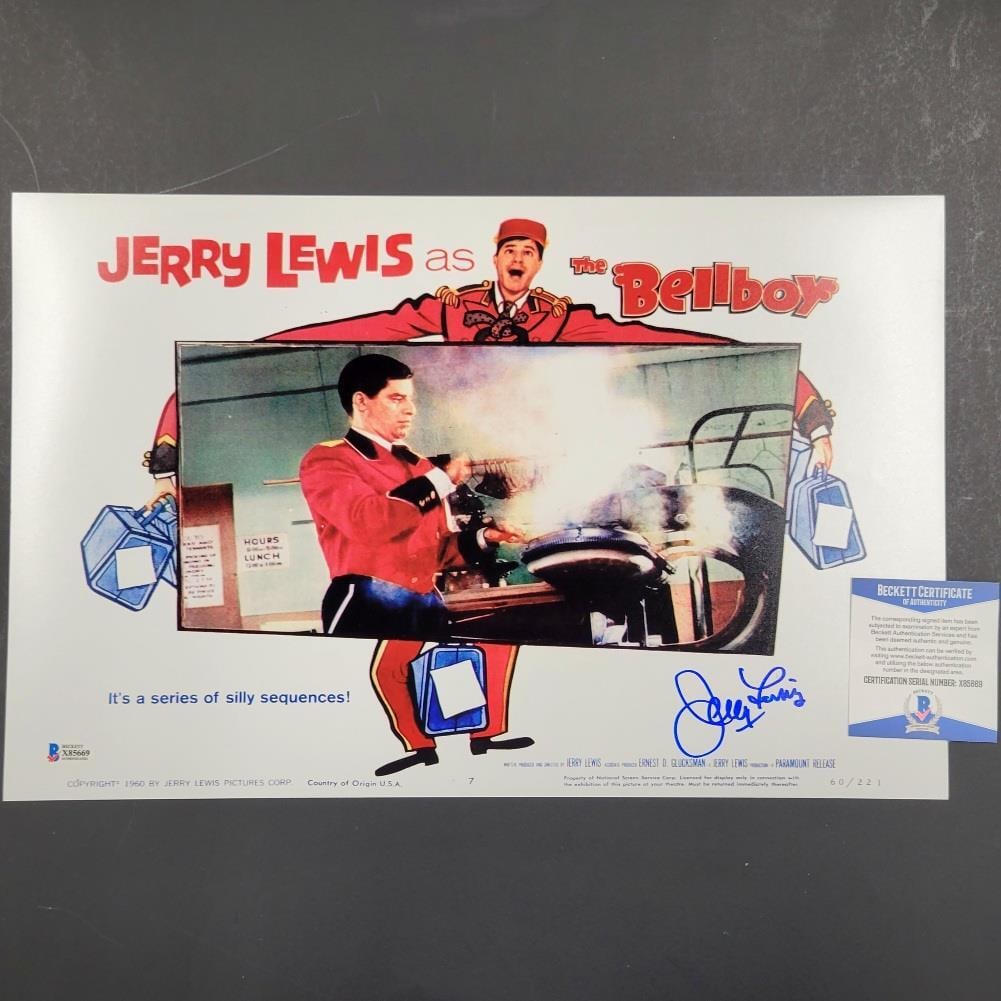 Jerry Lewis Autographed The Bellboy 11x17 Photo Beckett COA: Jerry Lewis Autographed The Bellboy 11x17 Photo Beckett COA This is an original 11x17 poster photo of the classic film "The Bellboy," famously signed by Jerry Lewis. The autograph is authenticated by
