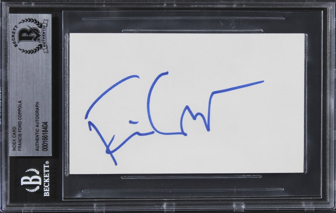 Francis Ford Coppola Signed 3x5 Index Card The Godfather Beckett Authenticated: Francis Ford Coppola Signed 3x5 Index Card The Godfather Beckett Authenticated This authentic signed 3x5 index card features the signature of Francis Ford Coppola, renowned director of "The Godfather.