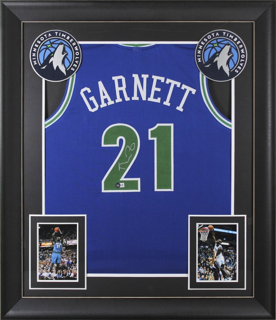 Kevin Garnett Signed Blue Throwback Framed Jersey BAS Authentic: Kevin Garnett Signed Blue Throwback Framed Jersey BAS Authentic Celebrate the legacy of Kevin Garnett with this impressive Authentic Signed Blue Throwback Pro Style Framed Jersey. Personally signed by
