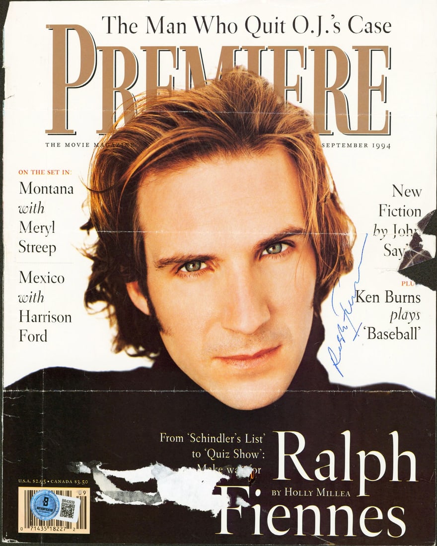 Ralph Fiennes Signed Premiere Magazine Cover Sept 1994 BAS Certified: Ralph Fiennes Signed Premiere Magazine Cover Sept 1994 BAS Certified This authentic signed Premiere magazine cover from September 1994 features the signature of Ralph Fiennes. The item is a pre-owned