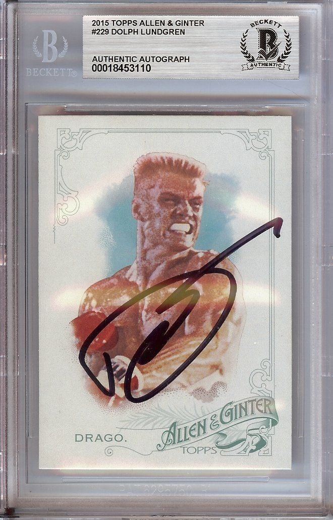 2015 Allen and Ginter Rocky IV Trading Card Signed by Dolph Lundgren Beckett Authenticated: 2015 Allen and Ginter Rocky IV Trading Card Signed by Dolph Lundgren Beckett Authenticated This is a Dolph Lundgren autographed trading card from the 2015 Allen & Ginter series, featuring his role in