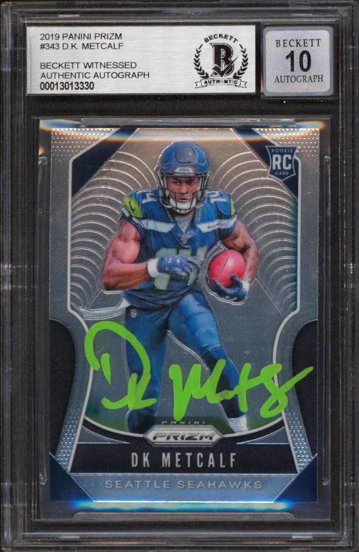 DK Metcalf Signed 2019 Panini Prizm #343 Rookie Card Gem Mint 10 BAS: DK Metcalf Signed 2019 Panini Prizm #343 Rookie Card Gem Mint 10 BAS This 2019 Panini Prizm #343 Rookie Card features a bold green signature from DK Metcalf, the talented wide receiver of the Seattle