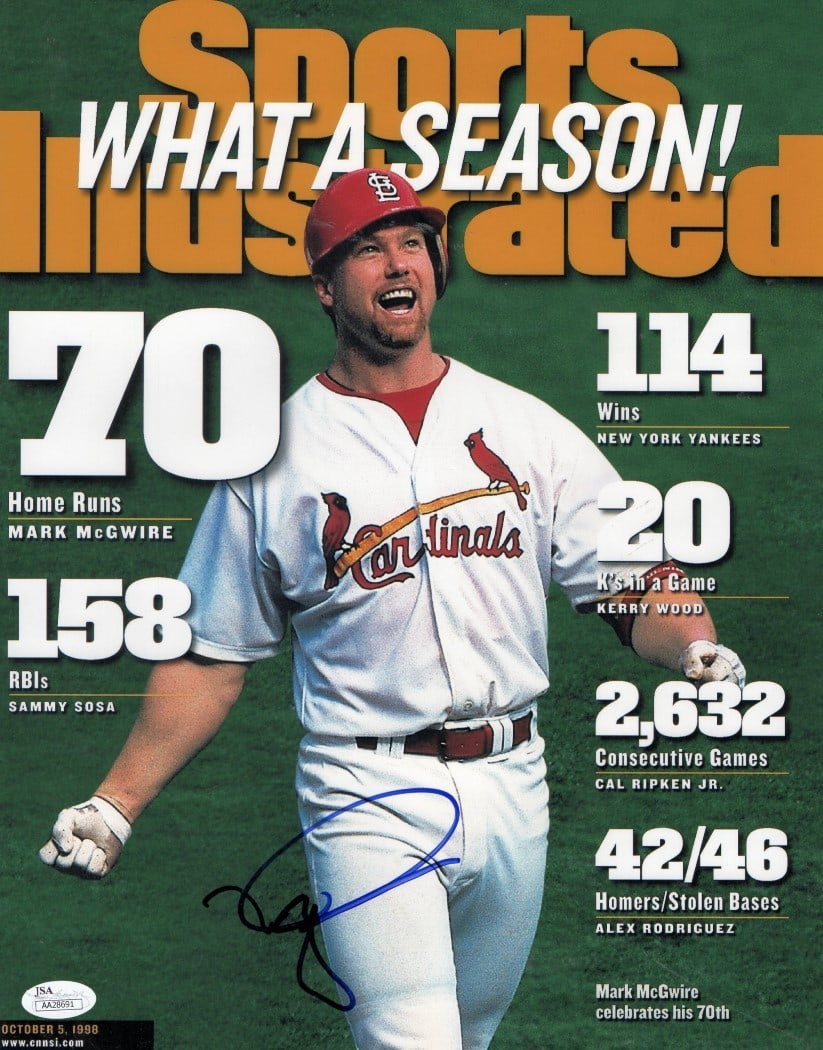 Mark McGwire Autographed 11x14 Photo St. Louis Cardinals JSA Certified: Mark McGwire Autographed 11x14 Photo St. Louis Cardinals JSA Certified Relive a historic moment in baseball history with this original 11X14 photo featuring Mark McGwire, celebrating his remarkable ac