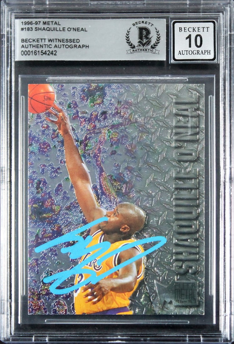 Shaquille O'Neal Signed 1996 Metal #183 Card Gem Mint 10 BAS Slabbed: Shaquille O'Neal Signed 1996 Metal #183 Card Gem Mint 10 BAS Slabbed This 1996 Metal #183 basketball card features a stunning autograph from Shaquille O'Neal, a legendary player for the Los Angeles La