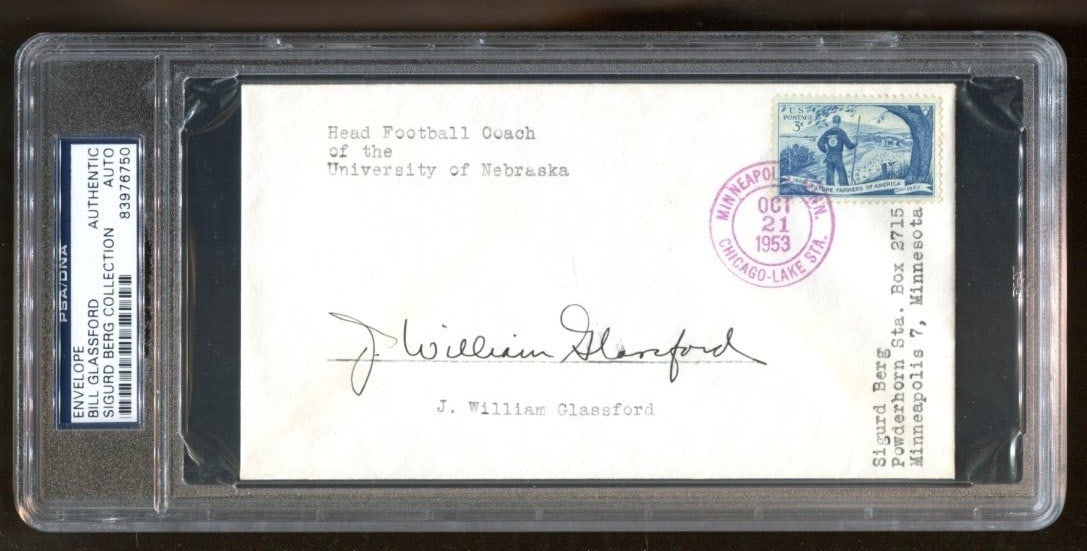 Bill Glassford Autographed FDC Nebraska Cornhuskers PSA/DNA Rare Football Memorabilia: Bill Glassford Autographed FDC Nebraska Cornhuskers PSA/DNA Rare Football Memorabilia This item features a Bill Glassford signed First Day Cover (FDC), a rare collectible for Nebraska Cornhuskers fans