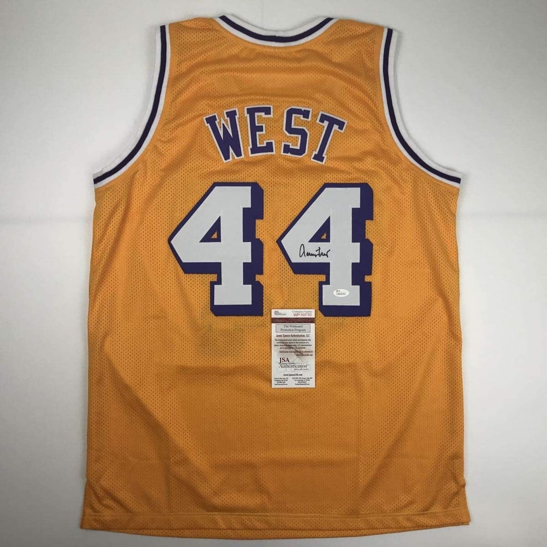 Jerry West Autographed Los Angeles Lakers Yellow Basketball Jersey JSA COA Gem Mint: Jerry West Autographed Los Angeles Lakers Yellow Basketball Jersey JSA COA Gem Mint This autographed Jerry West yellow basketball jersey is a must-have for any Los Angeles Lakers fan and collector. Fe