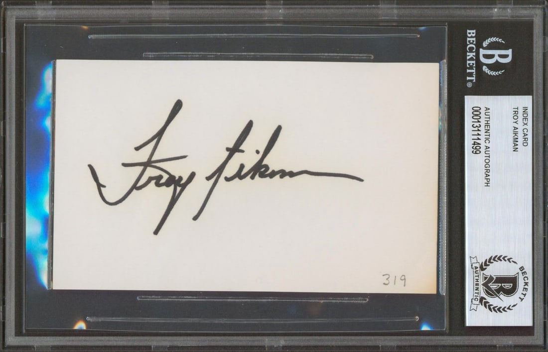 Troy Aikman Signed Vintage 3x5 Index Card Beckett Authenticated: Troy Aikman Signed Vintage 3x5 Index Card Beckett Authenticated This authentic vintage signed 3x5 index card features the legendary Troy Aikman, a key player of the Dallas Cowboys. Personally signed b