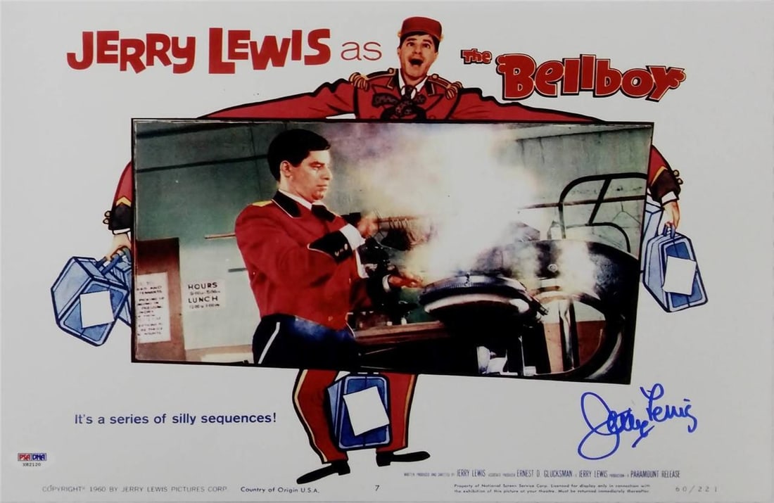11x17 Photograph Signed by Jerry Lewis from The Bellboy with PSA DNA COA: 11x17 Photograph Signed by Jerry Lewis from The Bellboy with PSA DNA COA This original 11x17 photograph features an authentic autograph by Jerry Lewis from the film The Bellboy. The item includes PSA/