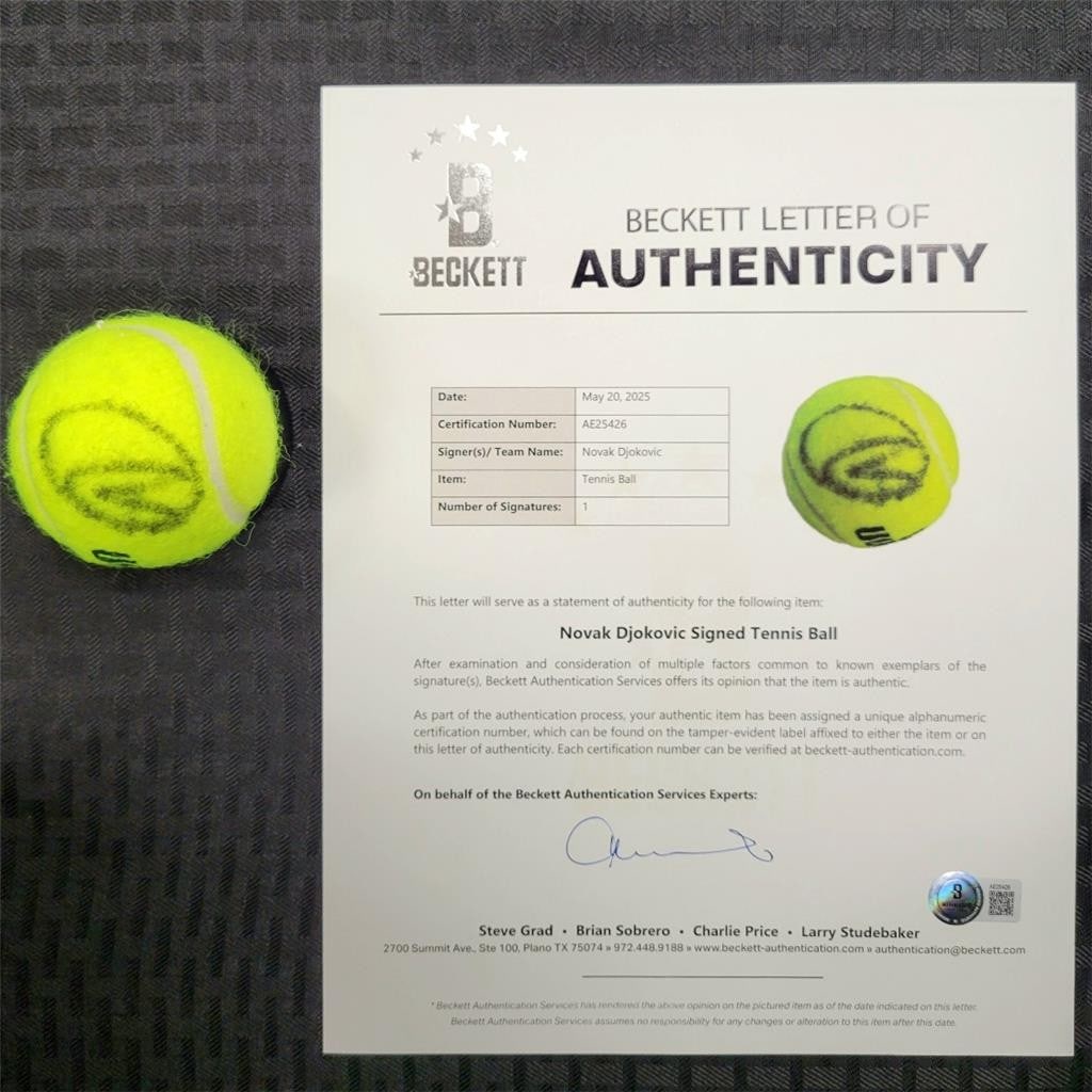 Novak Djokovic Signed Tennis Ball US Wimbledon Champ Beckett BAS: Novak Djokovic Signed Tennis Ball US Wimbledon Champ Beckett BAS This authentic signed tennis ball features the signature of Novak Djokovic, the renowned US Wimbledon Champion. The autograph has been