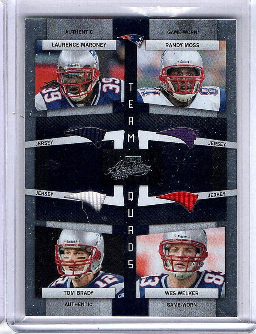 2009 Absolute Quads Jersey Football Card Tom Brady Moss Welker Maroney #13 Limited Edition 012/100 (1 of 2)