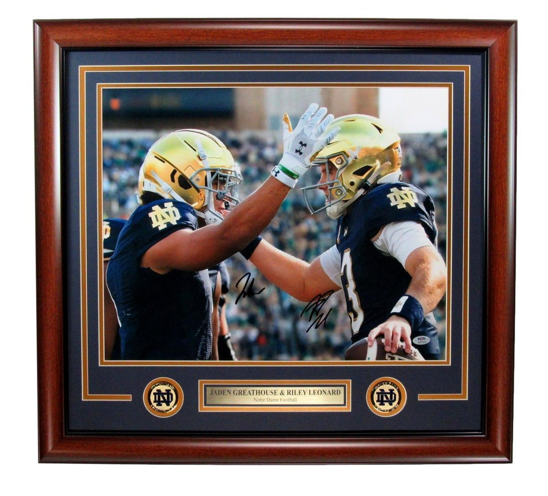 Jaden Greathouse Riley Leonard Signed 16x20 Photo Notre Dame Framed PSA: Jaden Greathouse Riley Leonard Signed 16x20 Photo Notre Dame Framed PSA This stunning 16x20 framed photo features the autographs of Jaden Greathouse and Riley Leonard, celebrating their time with the