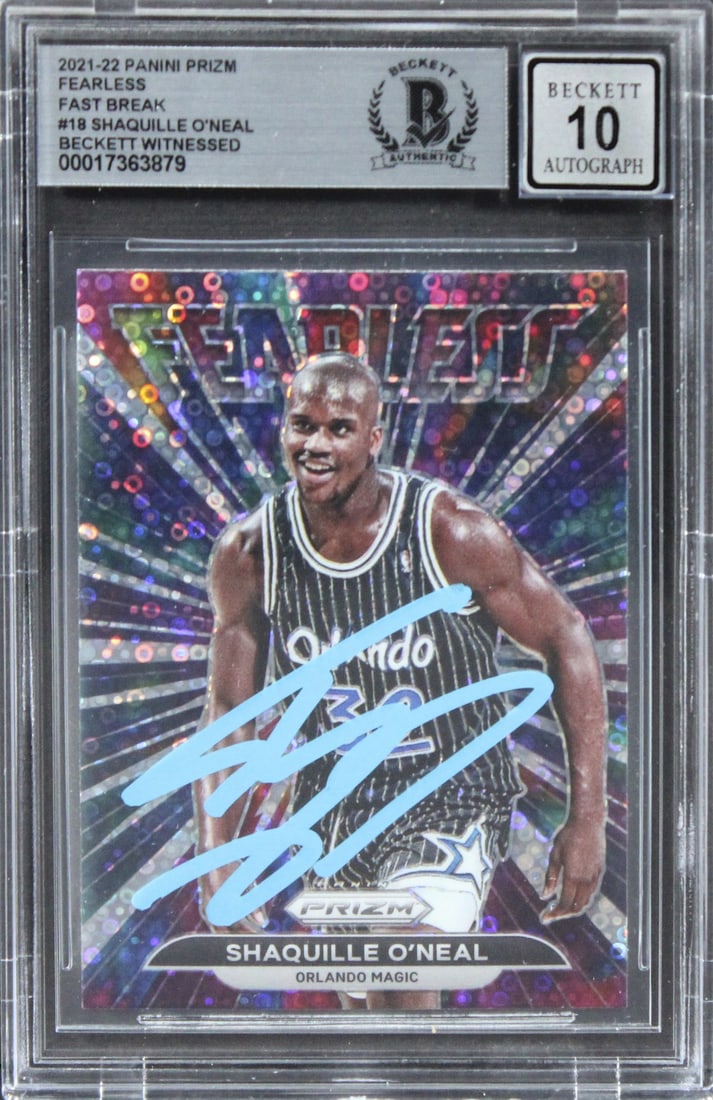 Shaquille O'Neal Autographed 2021 Panini Prizm Fearless FB #18 Gem Mint 10 Beckett: Shaquille O'Neal Autographed 2021 Panini Prizm Fearless FB #18 Gem Mint 10 Beckett Celebrate the legacy of basketball legend Shaquille O'Neal with this signed 2021 Panini Prizm Fearless Fast Break #18