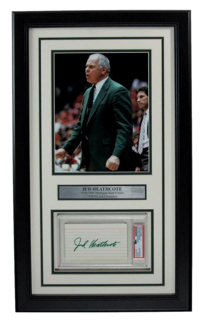 Jud Heathcote Signed 3x5 Index Card with Photo Michigan State Framed PSA/DNA: Jud Heathcote Signed 3x5 Index Card with Photo Michigan State Framed PSA/DNA This framed piece features a Jud Heathcote autographed 3x5 index card paired with a photo, celebrating the legacy of Michig