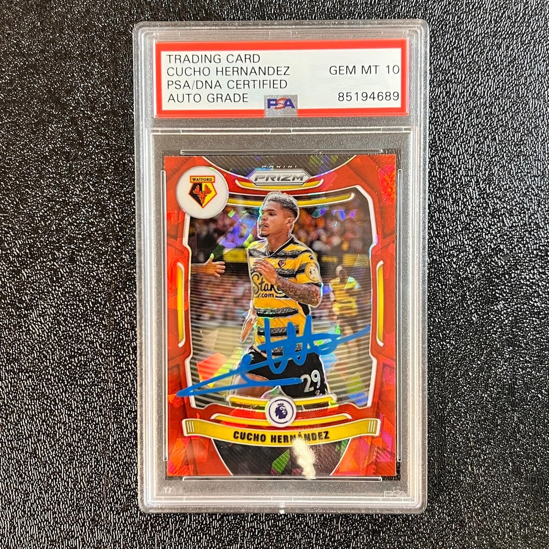 Cucho Hernandez Autographed 2021-22 Panini Prizm #268 Red Ice Card PSA Authenticated: Cucho Hernandez Autographed 2021-22 Panini Prizm #268 Red Ice Card PSA Authenticated This 2021-22 Panini Prizm Premier League #268 sports trading card features the signature of Cucho Hernandez, who pl