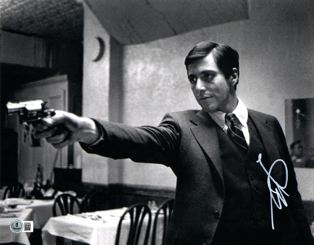 11x14 Black and White Godfather Photo Signed by Al Pacino Beckett Authenticated: 11x14 Black and White Godfather Photo Signed by Al Pacino Beckett Authenticated This is an original 11x14 black and white photograph from The Godfather, autographed by Al Pacino. The signature has bee