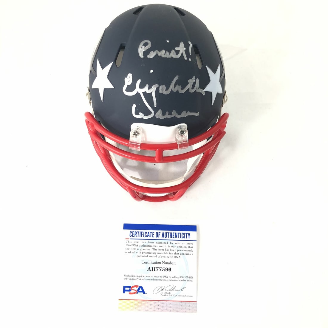 Elizabeth Warren Signed Mini Helmet New England Patriots PSA/DNA Autograph: Elizabeth Warren Signed Mini Helmet New England Patriots PSA/DNA Autograph This mini helmet is autographed by Elizabeth Warren, featuring the inspirational inscription "Persist." Authenticated by PSA/