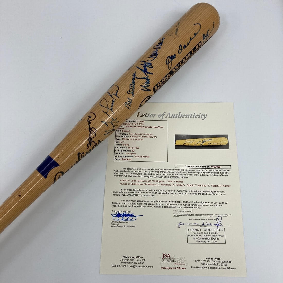 1996 Yankees Team Signed Bat Derek Jeter 25+ Signatures JSA COA: 1996 Yankees Team Signed Bat Derek Jeter 25+ Signatures JSA COA Celebrate the legacy of the 1996 New York Yankees with this team signed bat, featuring the autographs of over 25 players including the l