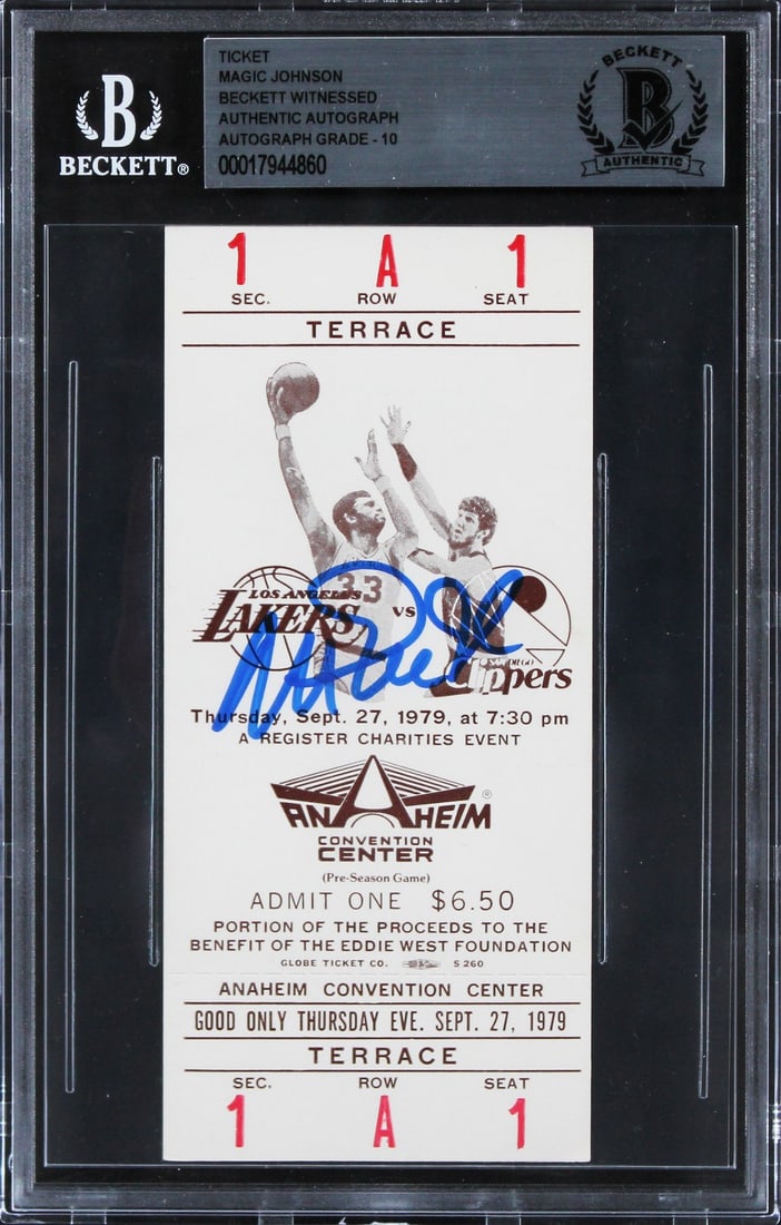 Magic Johnson Signed 1979 Lakers vs Clippers Ticket Stub Gem Mint 10 Beckett: Magic Johnson Signed 1979 Lakers vs Clippers Ticket Stub Gem Mint 10 Beckett This is an original autographed ticket stub from the exhibition game on September 27, 1979, featuring the Los Angeles Laker