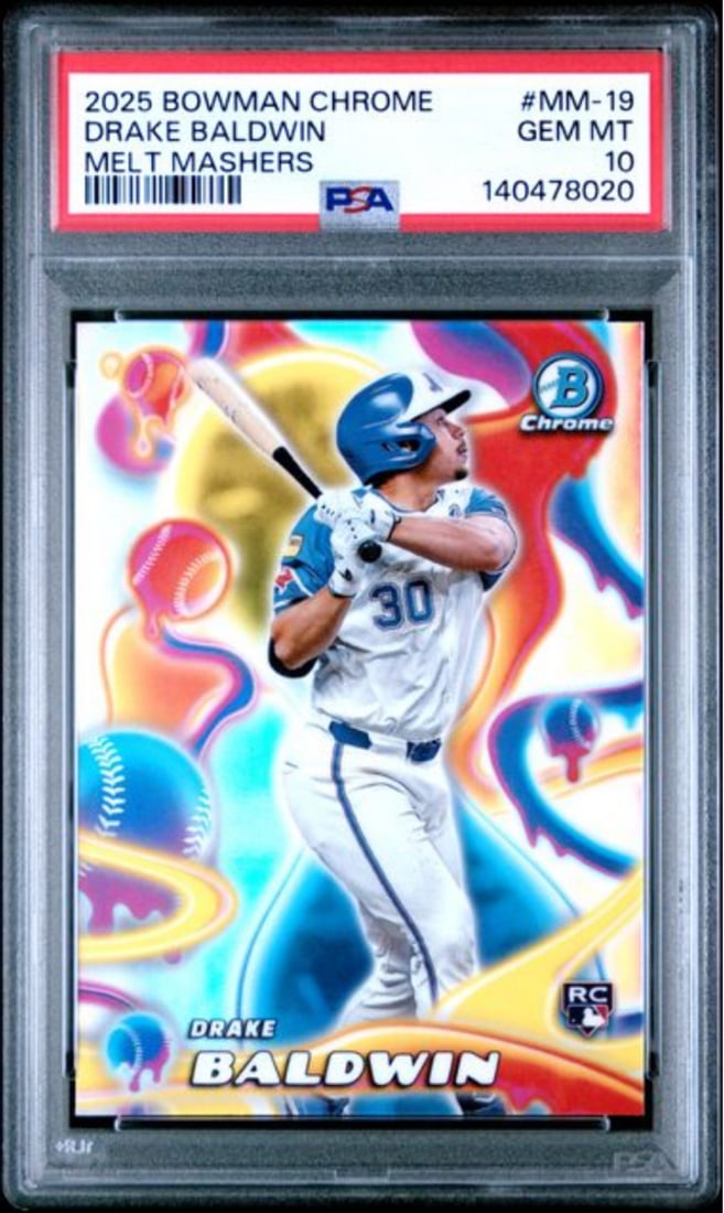 PSA 10 Drake Baldwin Melt Mashers 2025 Bowman Chrome Baseball Card #MM19: PSA 10 Drake Baldwin Melt Mashers 2025 Bowman Chrome Baseball Card #MM19 This is a 2025 Bowman Chrome Drake Baldwin #MM19 Melt Mashers baseball card, professionally graded and encapsulated by Professi