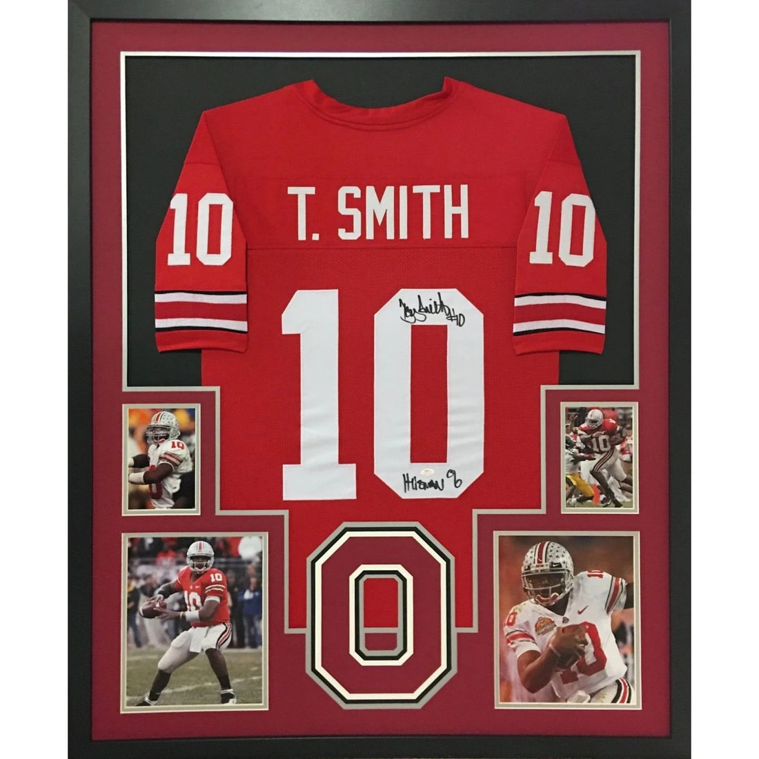 Framed Autographed Jersey Ohio State Troy Smith Schwartz Authenticated RB4: Framed Autographed Jersey Ohio State Troy Smith Schwartz Authenticated RB4 This is a framed jersey autographed by Troy Smith, authenticated by Schwartz. The display features detailed framing and inclu