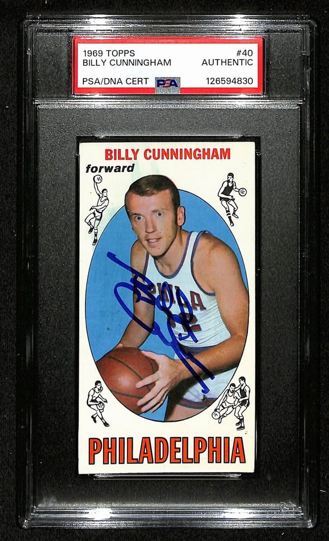 1969 Topps Rookie Card Billy Cunningham Autographed PSA DNA Certified #40: 1969 Topps Rookie Card Billy Cunningham Autographed PSA DNA Certified #40 This is an original 1969 TOPPS rookie card #40 featuring Billy Cunningham of the 76ers. The card has been hand-signed by Billy