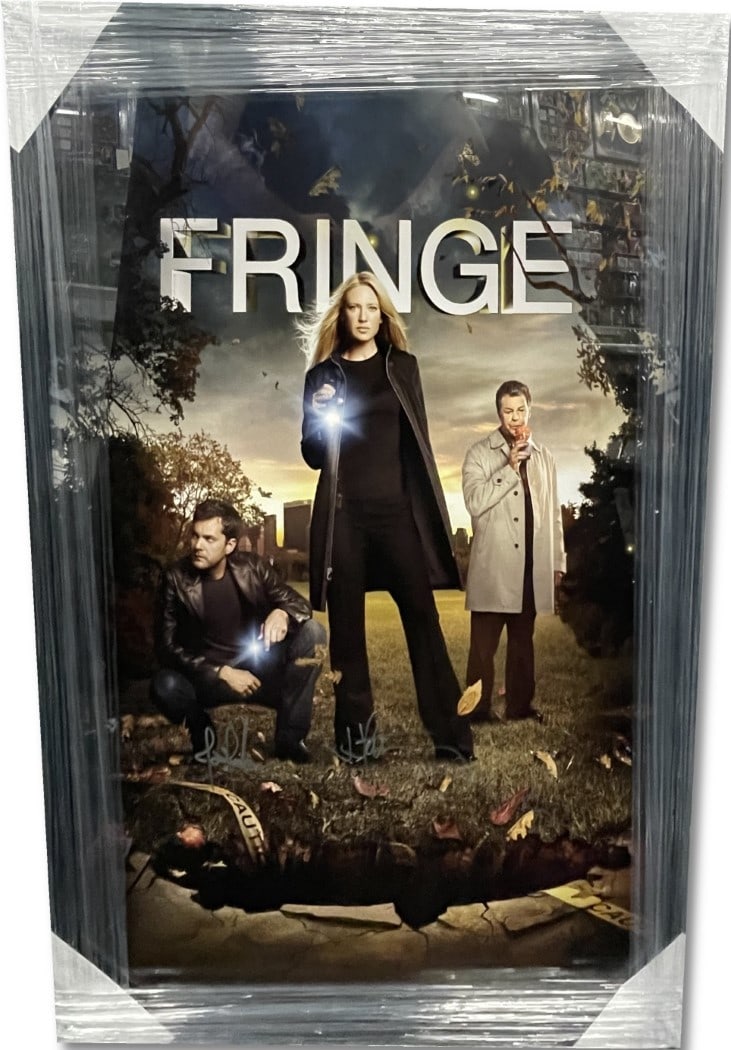 Fringe Autographed 27x40 Framed Poster J.J. Abrams John Noble Joshua Jackson JSA: Fringe Autographed 27x40 Framed Poster J.J. Abrams John Noble Joshua Jackson JSA This is an original 27x40 framed poster from the hit series Fringe, featuring autographs from cast members John Noble,
