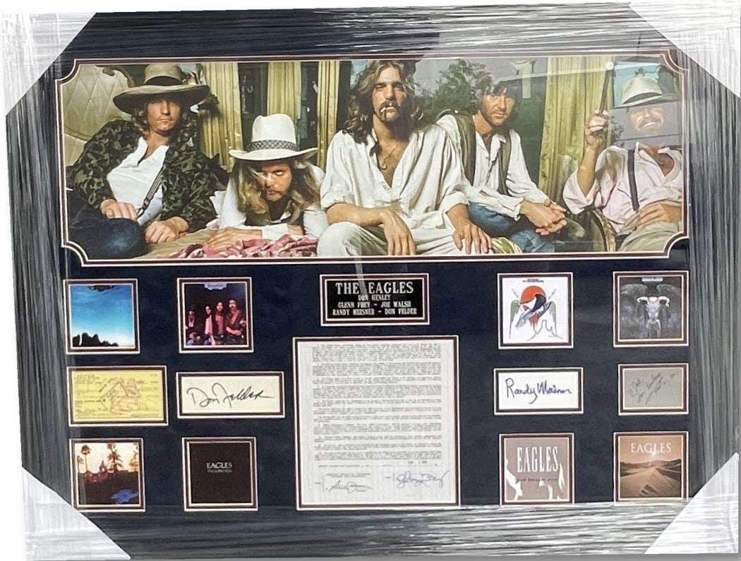 Eagles Band Signed Contract Cuts Framed JSA Authenticated 38x29 (1 of 6)