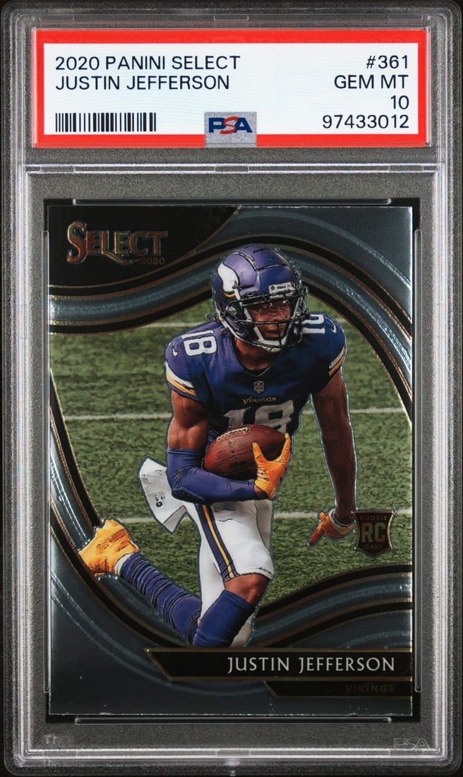 2020 Panini Select Justin Jefferson Rookie Card #361 PSA 10: 2020 Panini Select Justin Jefferson Rookie Card #361 PSA 10 This is a graded 2020 Panini Select Justin Jefferson #361 Rookie RC Football Card, receiving a pristine grade of 10 from the Professional Sp
