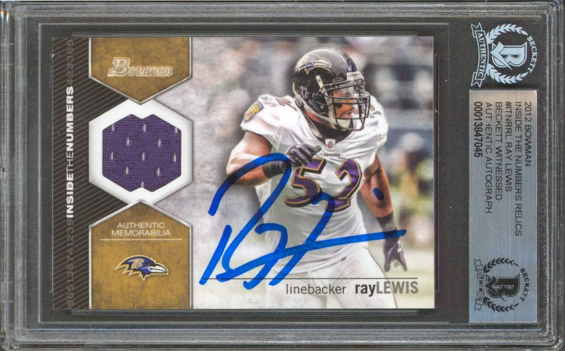 Ray Lewis Autographed 2012 Bowman Relics Card BAS Authenticated: Ray Lewis Autographed 2012 Bowman Relics Card BAS Authenticated This autographed 2012 Bowman Inside The Numbers Relics #TNRRL card features the legendary Ray Lewis of the Baltimore Ravens. Authentical
