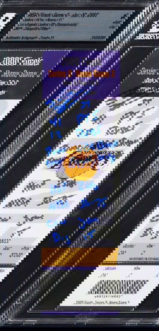 Shaquille O'Neal Signed 2000 NBA Finals Game 6 Ticket Inscribed Gem Mint 10 Beckett: Shaquille O'Neal Signed 2000 NBA Finals Game 6 Ticket Inscribed Gem Mint 10 Beckett This is an original 2000 NBA Finals Game 6 ticket stub personally signed by Shaquille O'Neal, featuring an impressiv