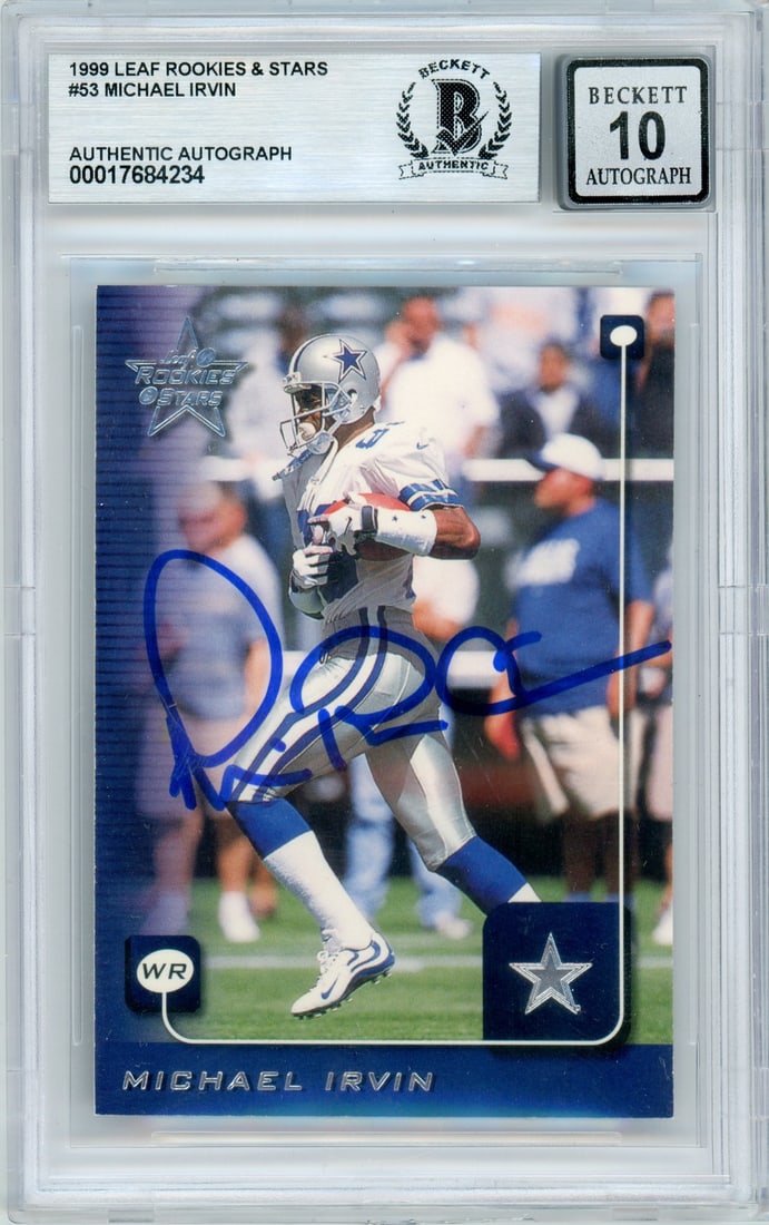 Michael Irvin Signed 1999 Leaf Rookies & Stars Cowboys Card BGS 10 Auto #53 (1 of 2)