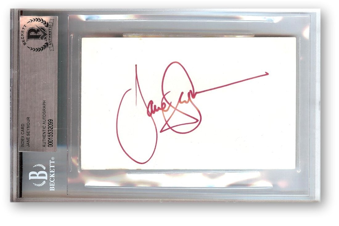 Jane Seymour Autographed Index Card Dr. Quinn Beckett Authenticated: Jane Seymour Autographed Index Card Dr. Quinn Beckett Authenticated This is an original autographed index card featuring Jane Seymour, known for her role in "Dr. Quinn, Medicine Woman." The card has b