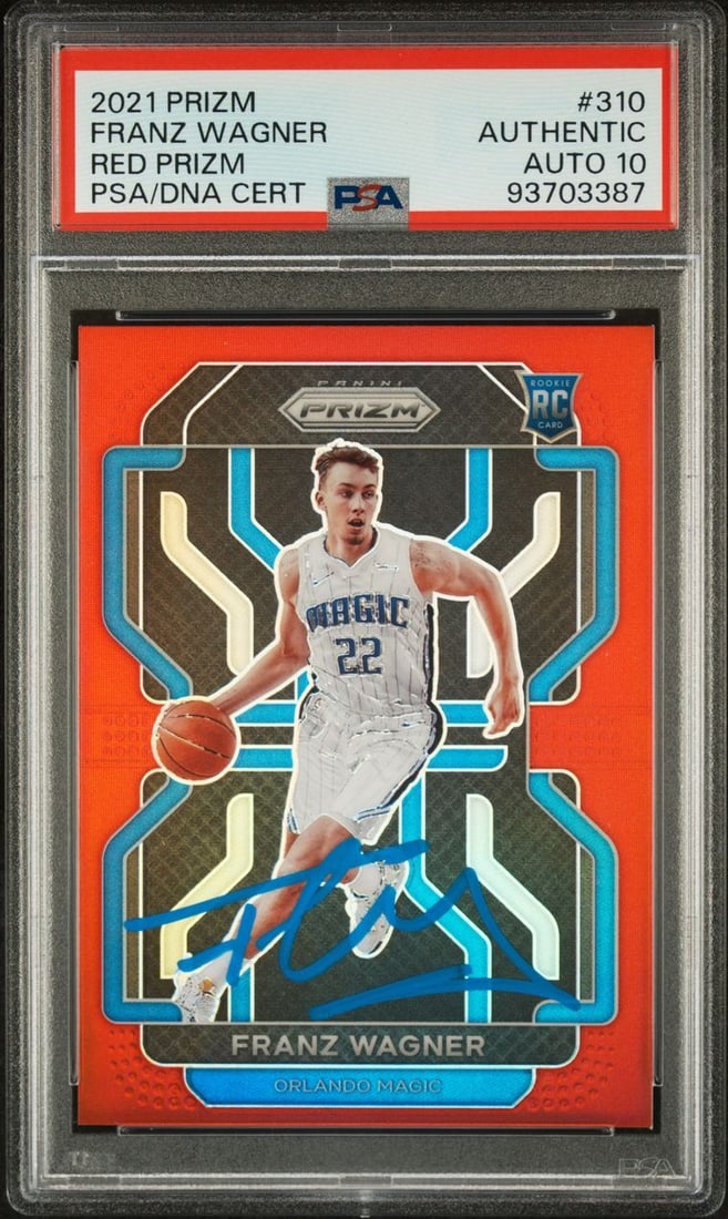 2021 Panini Prizm Franz Wagner Signed Red Prizm Card PSA Authenticated: 2021 Panini Prizm Franz Wagner Signed Red Prizm Card PSA Authenticated This is a 2021 Panini Prizm #310 Franz Wagner Signed Card featuring the Red Prizm parallel. The card is part of the National Bask