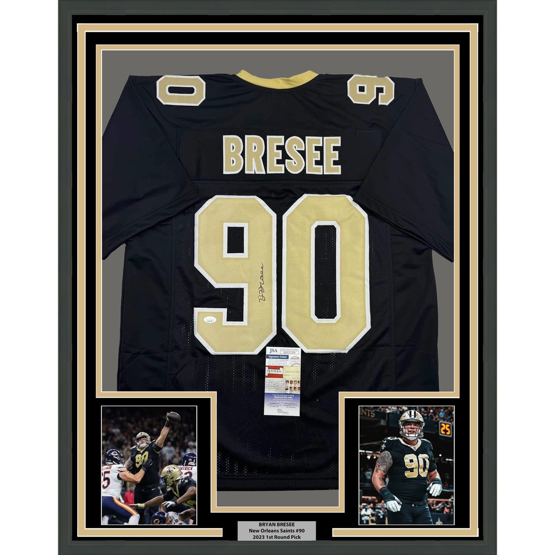 Framed Autographed Bryan Bresee New Orleans Saints Jersey JSA COA 35x39: Framed Autographed Bryan Bresee New Orleans Saints Jersey JSA COA 35x39 Showcase your support for the New Orleans Saints with this professionally framed and matted autographed jersey of Bryan Bresee.