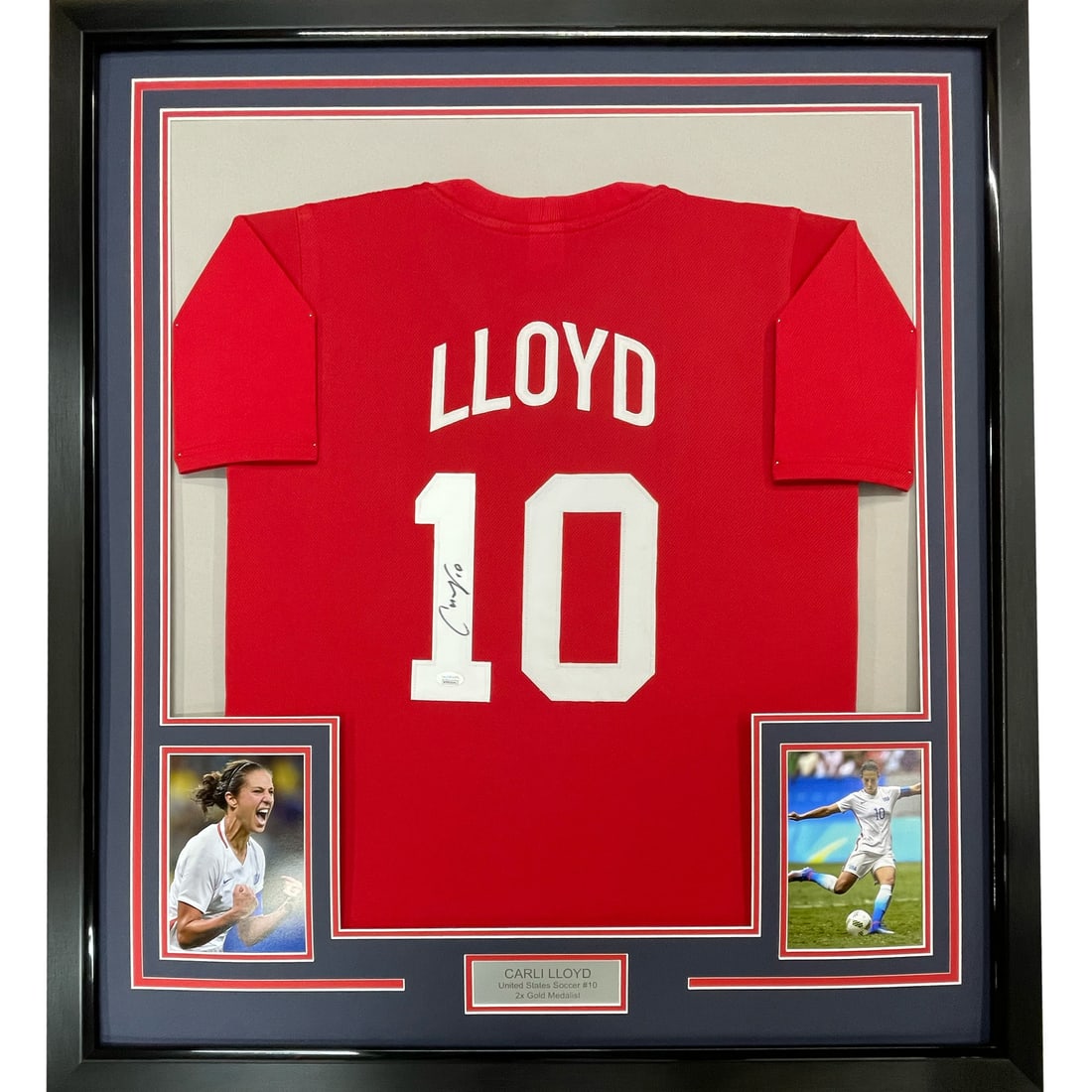 Framed Autographed Carli Lloyd Team USA Soccer Jersey JSA COA 33x42: Framed Autographed Carli Lloyd Team USA Soccer Jersey JSA COA 33x42 This professionally framed and matted autographed Carli Lloyd Team USA soccer jersey is a must-have for any sports memorabilia colle