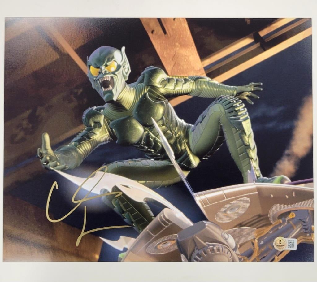 Willem Dafoe autographed Green Goblin 11x14 Spider-Man photo Beckett authenticated: Willem Dafoe autographed Green Goblin 11x14 Spider-Man photo Beckett authenticated This is an original 8x10 photograph featuring Willem Dafoe as the Green Goblin from Spider-Man, hand-signed by Willem