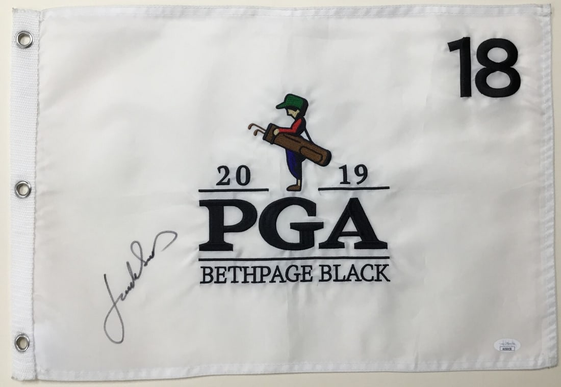 Jordan Spieth Autographed 2019 PGA Bethpage Black 18 Pin Flag JSA #AV66450: Jordan Spieth Autographed 2019 PGA Bethpage Black 18 Pin Flag JSA #AV66450 This is an official 2019 PGA Bethpage Black White 18 pin flag signed by renowned golfer Jordan Spieth. The signature has been