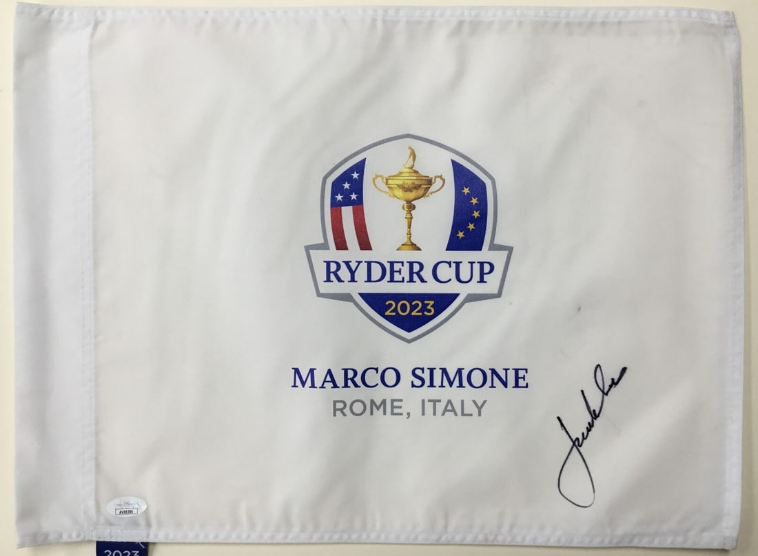 Jordan Spieth Signed 2023 Ryder Cup Pin Flag JSA Authenticated: Jordan Spieth Signed 2023 Ryder Cup Pin Flag JSA Authenticated Celebrate golf history with this original signed pin flag from the 2023 Ryder Cup in Rome, Italy, featuring the autograph of PGA star Jor