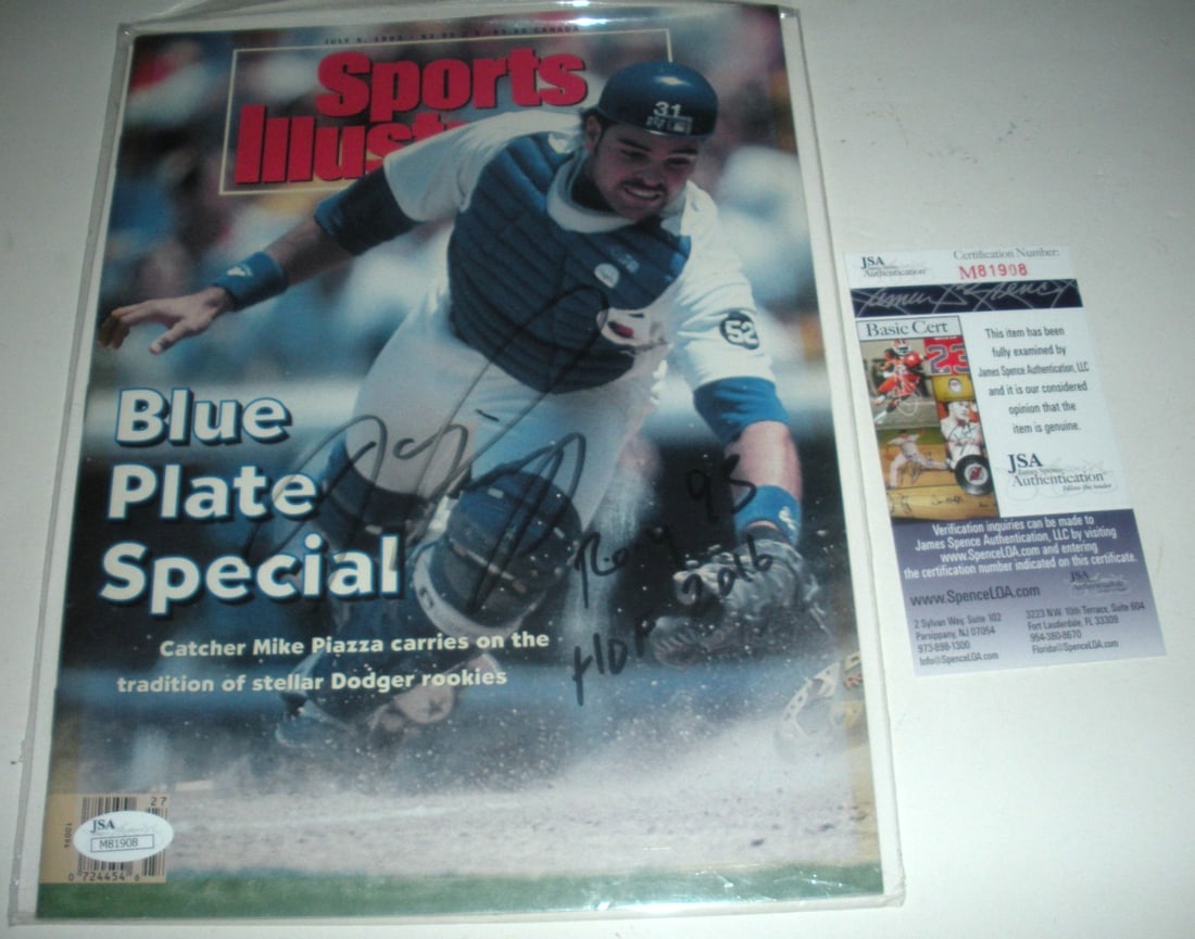 Mike Piazza Signed Sports Illustrated Dodgers HOF 2016 JSA COA: Mike Piazza Signed Sports Illustrated Dodgers HOF 2016 JSA COA This is an original signed Sports Illustrated magazine featuring Mike Piazza, a renowned player for the Los Angeles Dodgers. Piazza is ce