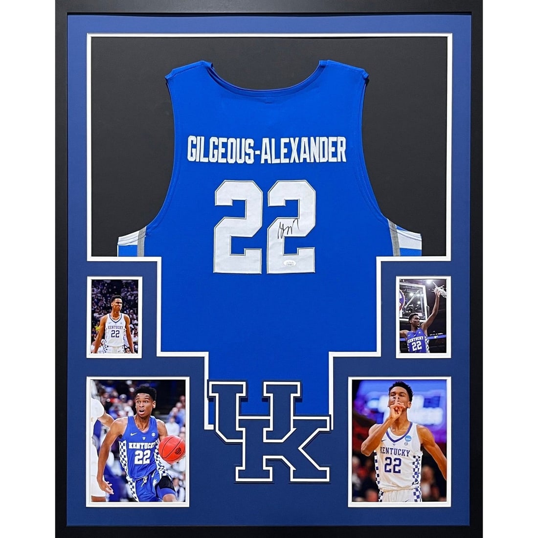 SGA Shai Gilgeous-Alexander Autographed Framed Kentucky Jersey with JSA COA: SGA Shai Gilgeous-Alexander Autographed Framed Kentucky Jersey with JSA COA This autographed framed jersey features Shai Gilgeous-Alexander, showcasing his Kentucky Wildcats pride. The jersey is authe