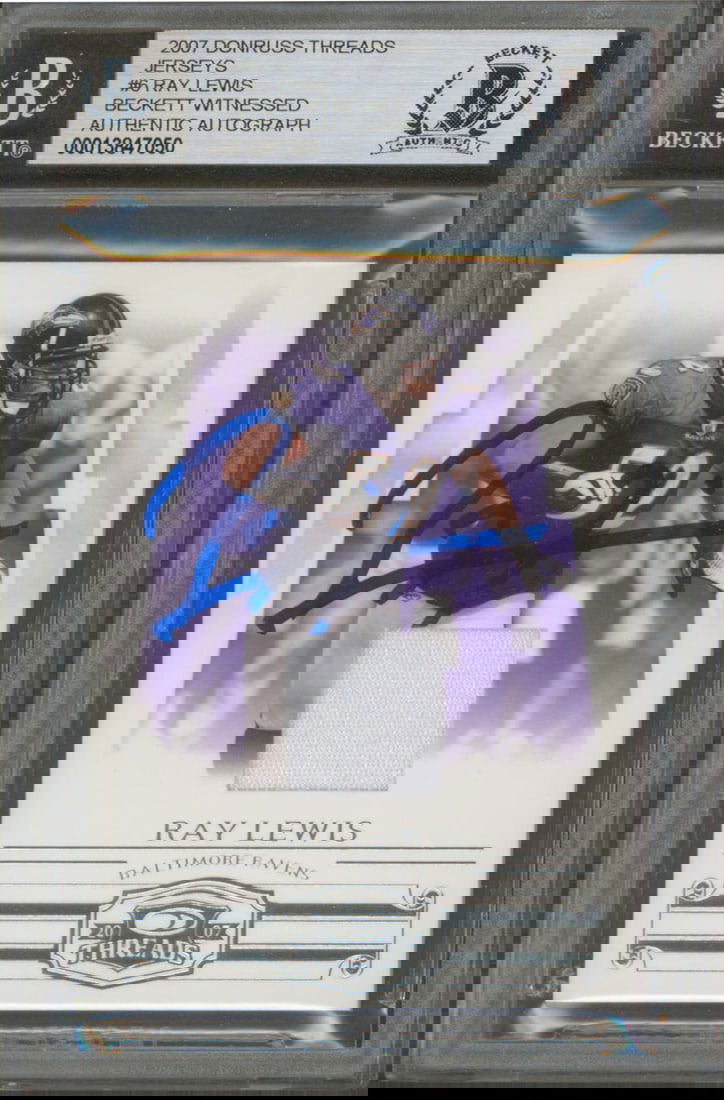 Ray Lewis Autographed 2007 Donruss Threads Card #6 24/250 Beckett Slabbed: Ray Lewis Autographed 2007 Donruss Threads Card #6 24/250 Beckett Slabbed This autographed 2007 Donruss Threads Jerseys #6 24/250 card features the signature of Ray Lewis, the legendary linebacker fro