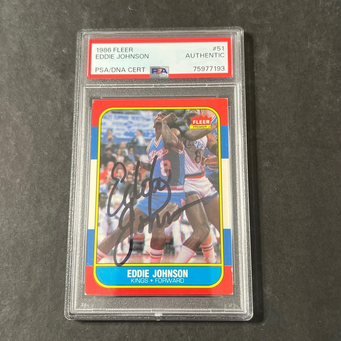 1985-86 Fleer Premier Eddie Johnson Signed Card PSA/DNA Authenticated: 1985-86 Fleer Premier Eddie Johnson Signed Card PSA/DNA Authenticated This collectible features a 1985-86 Fleer Premier #51/132 basketball card signed by Eddie Johnson. The signature has been authenti