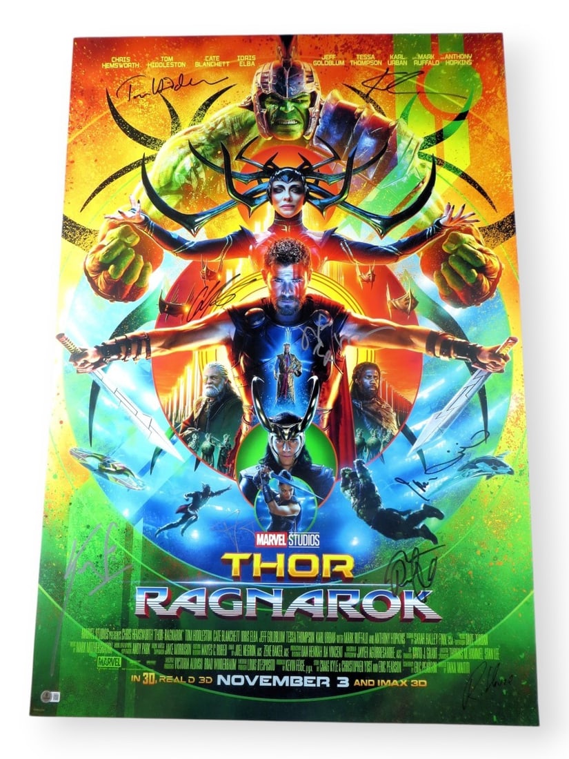 Thor Ragnarok Autographed 27x40 Poster by 9 Cast Members Beckett Certified: Thor Ragnarok Autographed 27x40 Poster by 9 Cast Members Beckett Certified This is an original 27x40 poster from the film Thor: Ragnarok, autographed by a remarkable cast including Tom Hiddleston, Chr