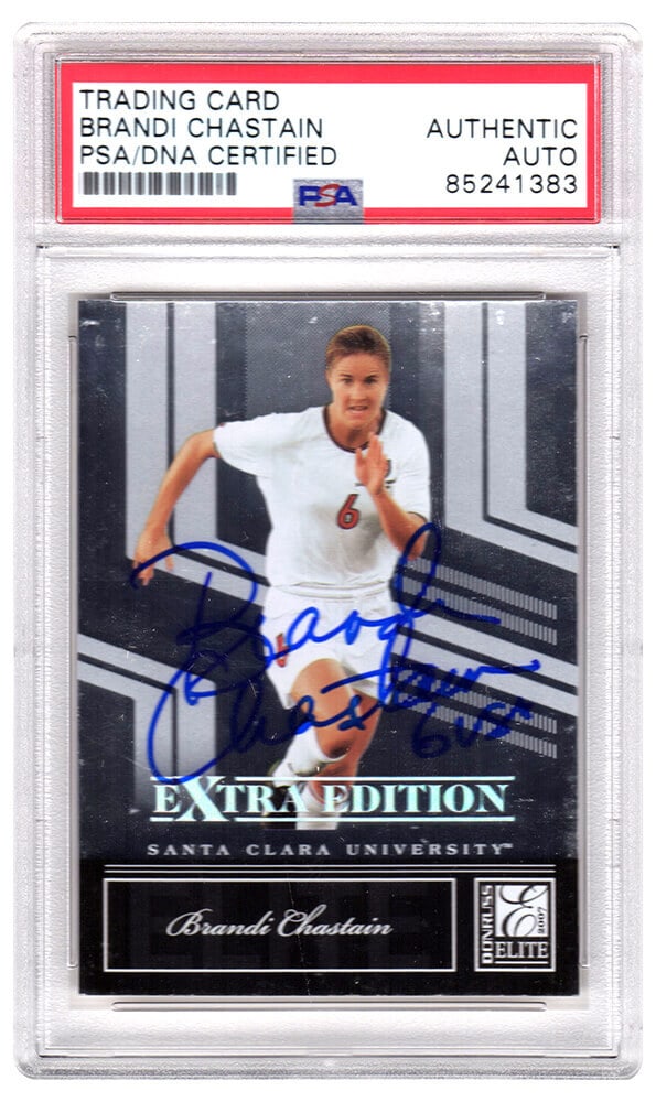 Brandi Chastain Signed 2007 Donruss Elite Soccer Card #81 PSA/DNA USA Inscription: Brandi Chastain Signed 2007 Donruss Elite Soccer Card #81 PSA/DNA USA Inscription This is a signed 2007 Donruss Elite soccer trading card #81 featuring Brandi Chastain, complete with a 'USA' inscripti
