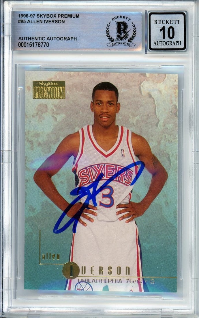 1996-97 Skybox Premium Allen Iverson RC #85 Autographed BGS 10: 1996-97 Skybox Premium Allen Iverson RC #85 Autographed BGS 10 This is a 1996-97 Skybox Premium #85 trading card featuring Allen Iverson of the Philadelphia 76ers. This card is a highly sought-after r