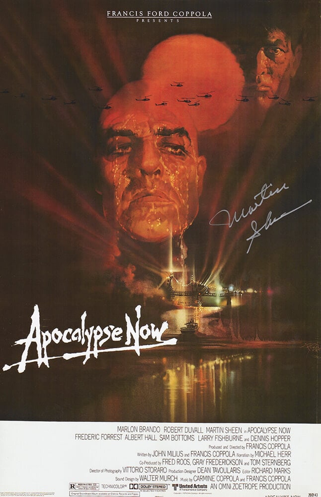 Martin Sheen Signed Apocalypse Now 11x17 Poster with COA: Martin Sheen Signed Apocalypse Now 11x17 Poster with COA This original 11x17 movie poster from the classic film 'Apocalypse Now' features a signature from the renowned actor Martin Sheen. The poster i