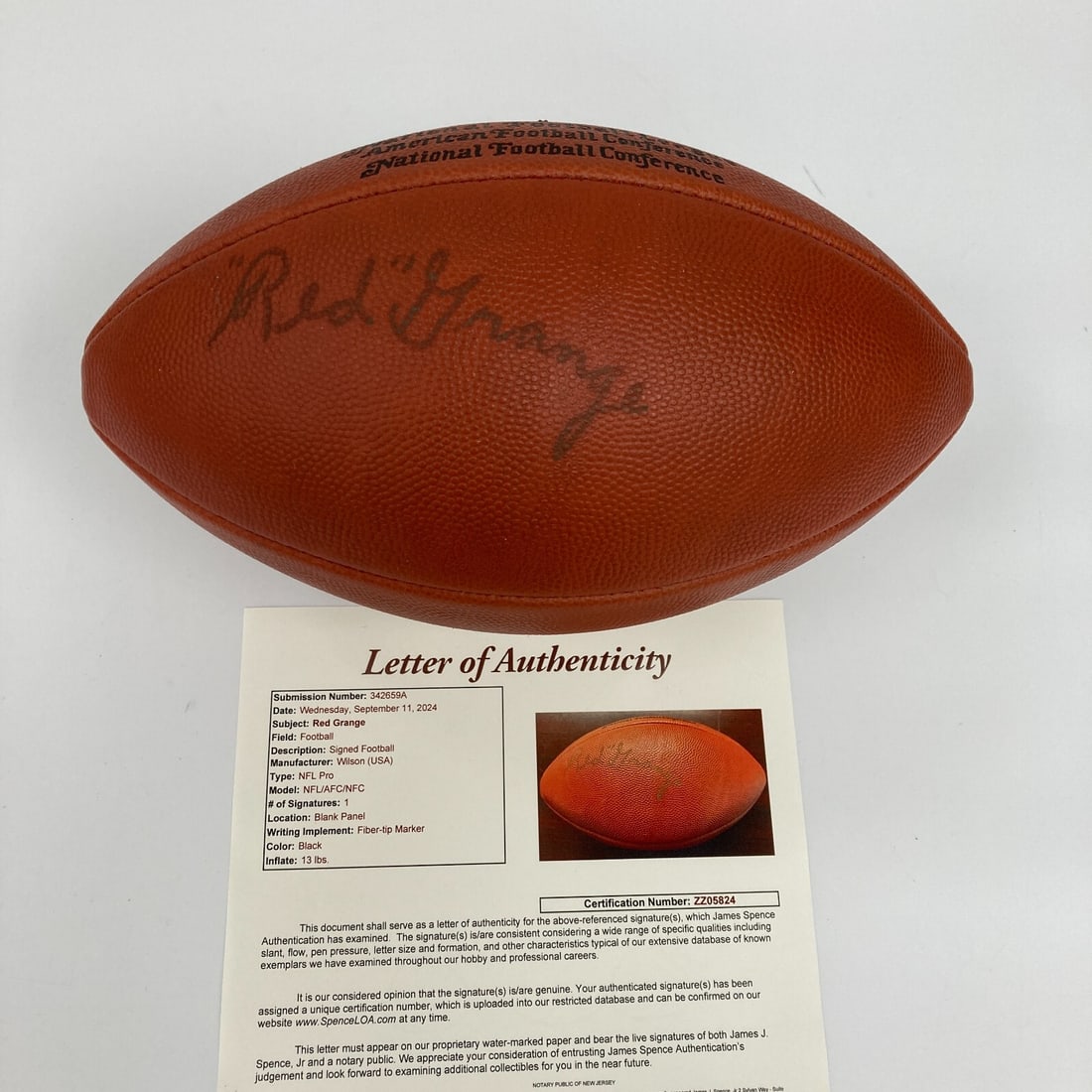 Red Grange Autographed Wilson NFL Football with JSA COA: Red Grange Autographed Wilson NFL Football with JSA COA This authentic Wilson NFL football is personally signed by legendary player Red Grange. The ball is fully inflated and holds air, making it a pe