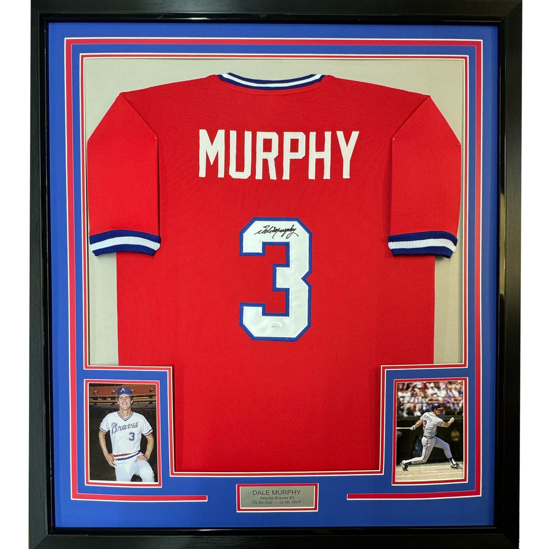 Framed Autographed Dale Murphy Atlanta Braves Jersey 33x42 JSA COA: Framed Autographed Dale Murphy Atlanta Braves Jersey 33x42 JSA COA Celebrate the legacy of baseball great Dale Murphy with this professionally framed and autographed Atlanta Braves jersey. This striki